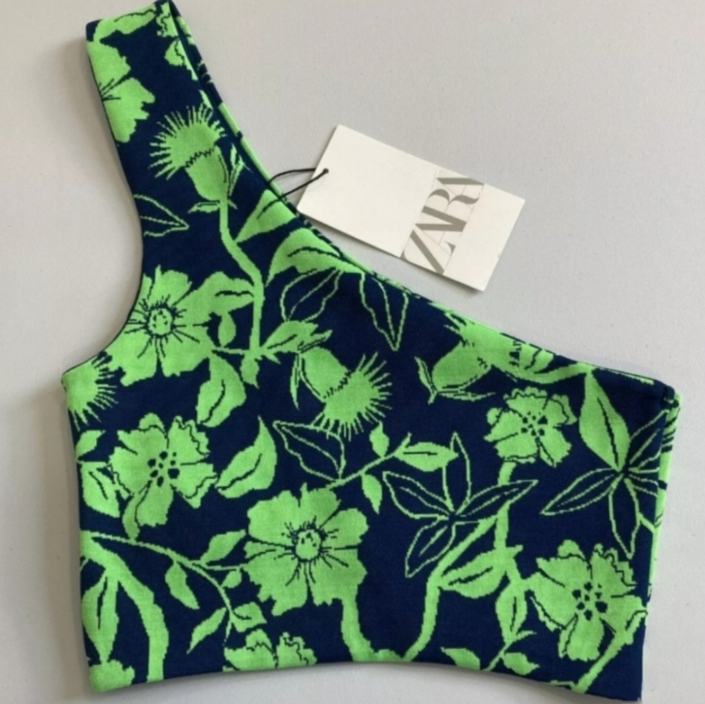 New Zara Navy Blue & Green Tropical Sleeveless One Shoulder Crop Top